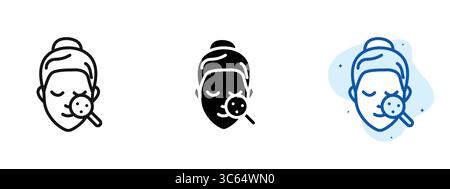 A woman with a magnifying glass on her face. The image is in black and white and has a blue background. Vector Icon Stock Vector