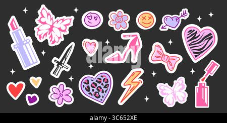 Cute girly icons - y2k sticker set. Lipstick, flower, smiling faces with hearts and high heel shoe for nostalgic vibes. Lightning bolt with butterfly, bow and nail polish for trendy decoration. Stock Vector