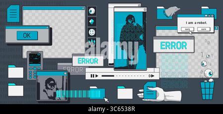 Nostalgic retro interface with y2k internet aesthetics - error popups, dialog boxes and windows for vintage web design. Classic desktop elements with toolbars and glitches for digital UI projects. Stock Vector