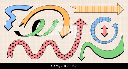 Dynamic playful arrows with retro patterns - wavy ribbons, curved paths and striped designs with polka dots for vintage navigation. Circular refresh symbol and zigzag direction for creative interface Stock Vector