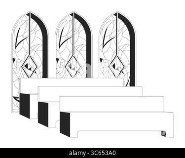 Empty church interior with stained glass outline illustration Stock Vector