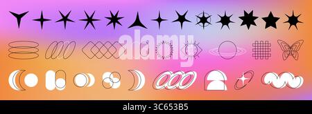 Trendy y2k elements on gradient bg - wavy shapes, eye icon with butterfly and sparkle stars for retro aesthetics. Checkered patterns, space orbits, chain links and crescent moons for nostalgic designs Stock Vector