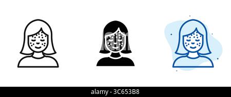 A woman with a black and white face with a blue background. The woman is smiling and has a red spot on her face. Vector Icon Stock Vector