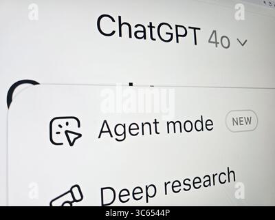 Tel-Aviv – July 31, 2025: ChatGPT 4o Interface Displaying New Agent Mode Feature on Screen Stock Photo