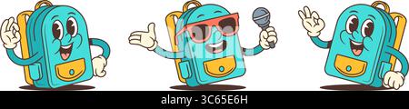 Cartoon school backpacks with big eyes, wide smiles, and lively gestures including waving and performing on stage. Great for educational materials, ev Stock Vector