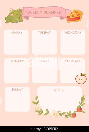 Weekly planner with pink background featuring frog, pie, apples and floral elements. Great for printable journals or kids planning. Stock Vector