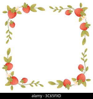 Decorative square frame with strawberries, green leaves and tiny white flowers. Perfect for summer cards, labels, or invitations. Stock Vector