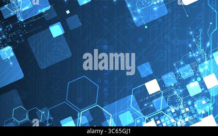 A technical background using technological lines, squares, and hexagons combined into an art composition. Vector Stock Vector