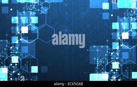 A technical background using technological lines, squares, and hexagons combined into an art composition. Vector Stock Vector