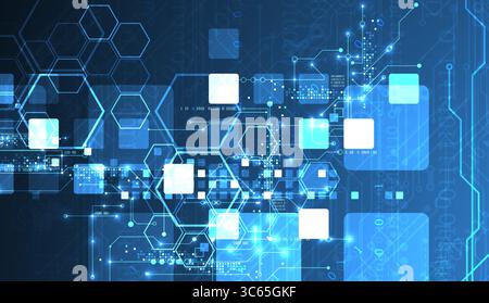 A technical background using technological lines, squares, and hexagons combined into an art composition. Vector Stock Vector