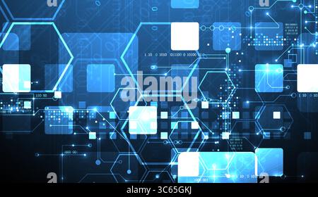 A technical background using technological lines, squares, and hexagons combined into an art composition. Vector Stock Vector