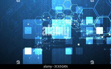A technical background using technological lines, squares, and hexagons combined into an art composition. Vector Stock Vector