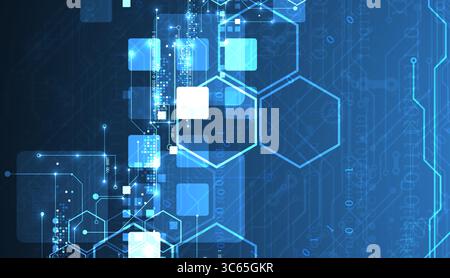 A technical background using technological lines, squares, and hexagons combined into an art composition. Vector Stock Vector