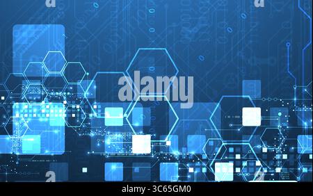 A technical background using technological lines, squares, and hexagons combined into an art composition. Vector Stock Vector