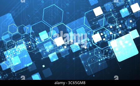 A technical background using technological lines, squares, and hexagons combined into an art composition. Vector Stock Vector