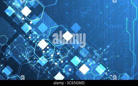 A technical background using technological lines, squares, and hexagons combined into an art composition. Vector Stock Vector