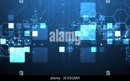 A technical background using technological lines, squares, and hexagons combined into an art composition. Vector Stock Vector