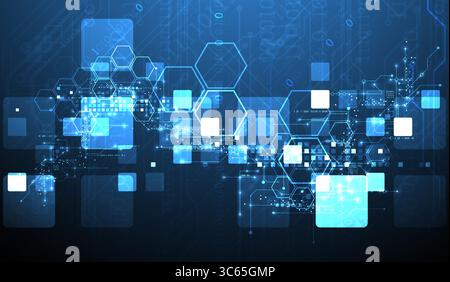 A technical background using technological lines, squares, and hexagons combined into an art composition. Vector Stock Vector