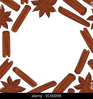 Flat style cinnamon sticks and star anise frame isolated on white background. Colorful spice illustration for recipes book, food packaging and autumn Stock Vector
