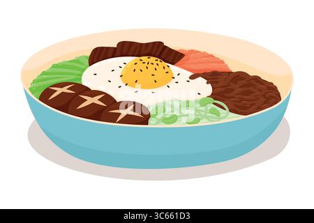 Bibimbap Korean Traditional Food. Rice Mixed with Various Ingredients in Blue Bowl Stock Vector