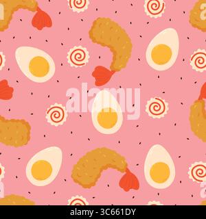 Tempura shrimp, egg, narutomaki and sesame seamless pattern on pink background Stock Vector
