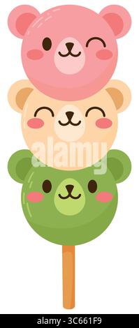 Cartoon Cute Bear Dango Japanese Traditional Dessert Isolated on White. Hanami Dango Stock Vector
