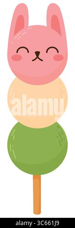 Cartoon Cute Bunny Dango Japanese Traditional Dessert Isolated on White. Hanami Dango Stock Vector