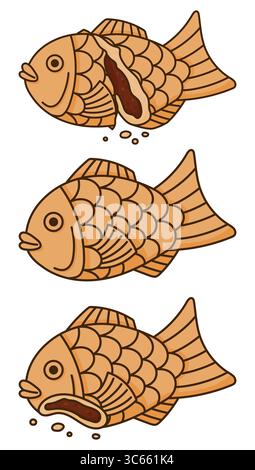 Taiyaki japanese pastry set. Fish shaped cake stuffed with red adzuki bean. Japanese street food Stock Vector