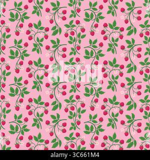 Ripe Raspberry Seamless Pattern with Branches, Berries, Flowers and Leaves on Light Pink Background. Juicy Fruit Hand Drawn Endless Design for Fabric Stock Vector