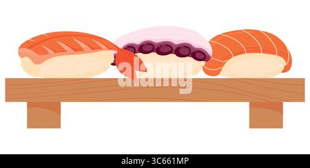Cartoon salmon, octopus and shrimp sushi on wooden board. Asian food Japanese cuisine, traditional food isolated on white background Stock Vector