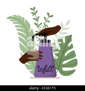 Zero-Waste Beauty Refill Station. Diverse Hands Dispensing Lotion into Reusable Jar from Pump Bottle with Tropical Leaves Around. Sustainable Skincare Stock Vector