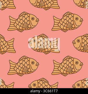 Taiyaki japanese street food pastry seamless pattern. Fish shaped cake stuffed with red adzuki bean Stock Vector