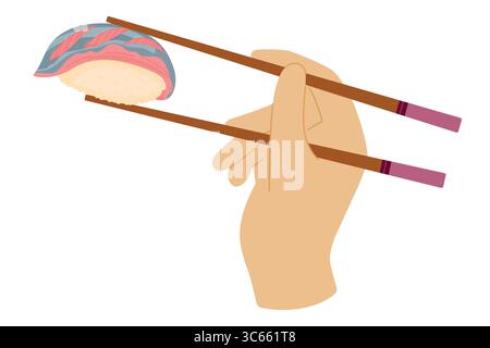 Cartoon hand holds chopsticks with iwashi sushi. Japanese cuisine, traditional food isolated on white background Stock Vector