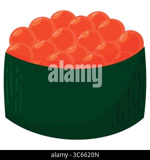 Cartoon red caviar gunkan sushi. Japanese cuisine, traditional food icon isolated on white background Stock Vector
