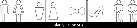 Restroom Gender Symbols Line Icon Set. Male And Female Bathroom Sign Outline Symbol Collection. Unisex, Formal Attire and Urgency Indicators. Editable Stock Vector