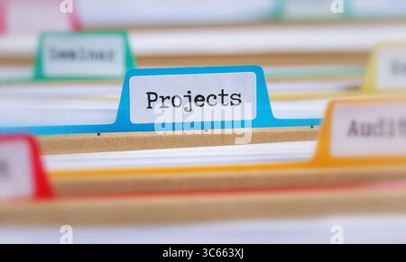 File folders with a tab labeled Projects Stock Photo