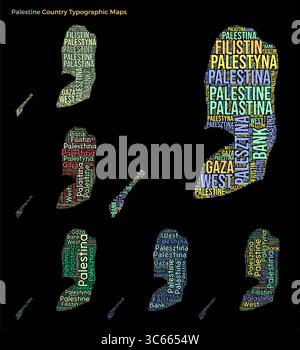 Palestine. Set of typography style country illustrations. Palestine map shape built of horizontal and vertical country names. Vector illustration. Stock Vector