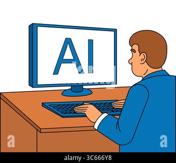 Man working at a computer with AI text on screen. Concept of artificial intelligence, digital tools, and future technology in workspace. Stock Vector