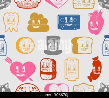 Seamless pattern with quirky cartoon doodle icons on beige background. Fun illustrations include bread, hearts, teeth, robots, and smiling faces. Grea Stock Vector