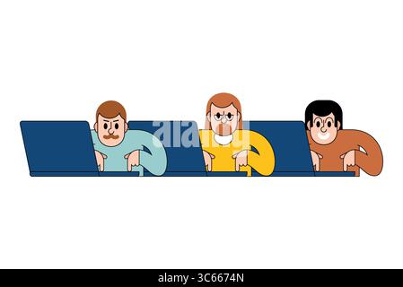 Group of diverse people working remotely on laptops. Perfect for concepts of digital work, freelancing, communication, and online teamwork. Stock Vector