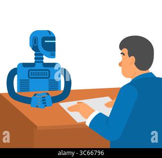 businessman having a conversation with a robot. Modern flat style concept of AI communication, collaboration, and technology in the workplace. Perfect Stock Vector