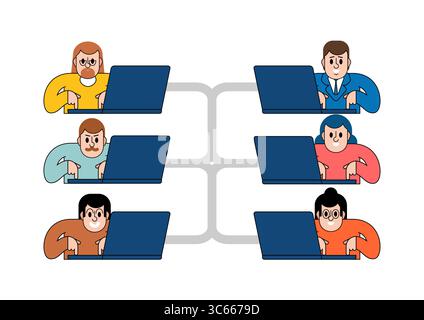 diverse team members working on laptops in a connected network. Concept of teamwork, collaboration, and remote digital communication. Stock Vector