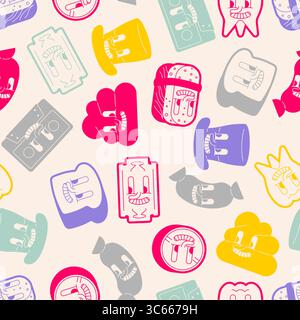 seamless pattern with hand-drawn business icons: bread, robots, hearts, and quirky faces. Great for packaging, stationery, branding, and youth merchan Stock Vector