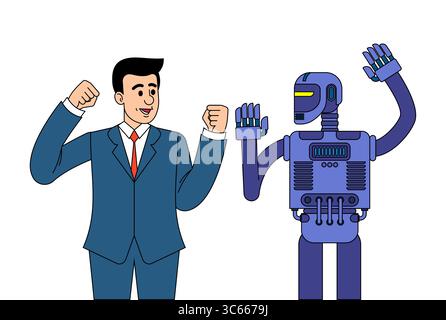 businessman arguing with a robot. Concept of human vs AI conflict, automation threat, and workplace disruption. Great for tech, business transformatio Stock Vector