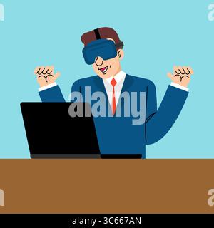 Man in VR headset working at a laptop. Concept of future work, immersive experience, remote job, and tech innovation. Perfect for metaverse and digita Stock Vector
