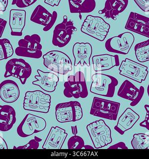 Hand-drawn comic pattern with various blue and violet icons: teeth, bread, faces, and quirky characters. Great for branding, packaging, and children’s Stock Vector