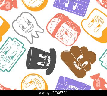Colorful seamless pattern of quirky cartoon faces and icons. Perfect for wrapping paper, textile, packaging, and digital decoration. Fun and playful d Stock Vector