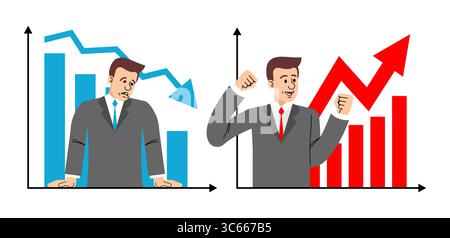 Split vector showing a sad businessman with falling chart and a happy one with rising graph. Represents contrast between failure and success in busine Stock Vector