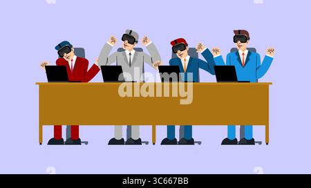 Vector of a business team using VR headsets around a table. Represents corporate training, virtual meetings, innovation, and digital transformation sc Stock Vector