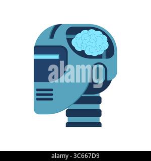 Futuristic cartoon robot head with visible brain. Great for artificial intelligence, sci-fi, and tech-related visuals. Stock Vector